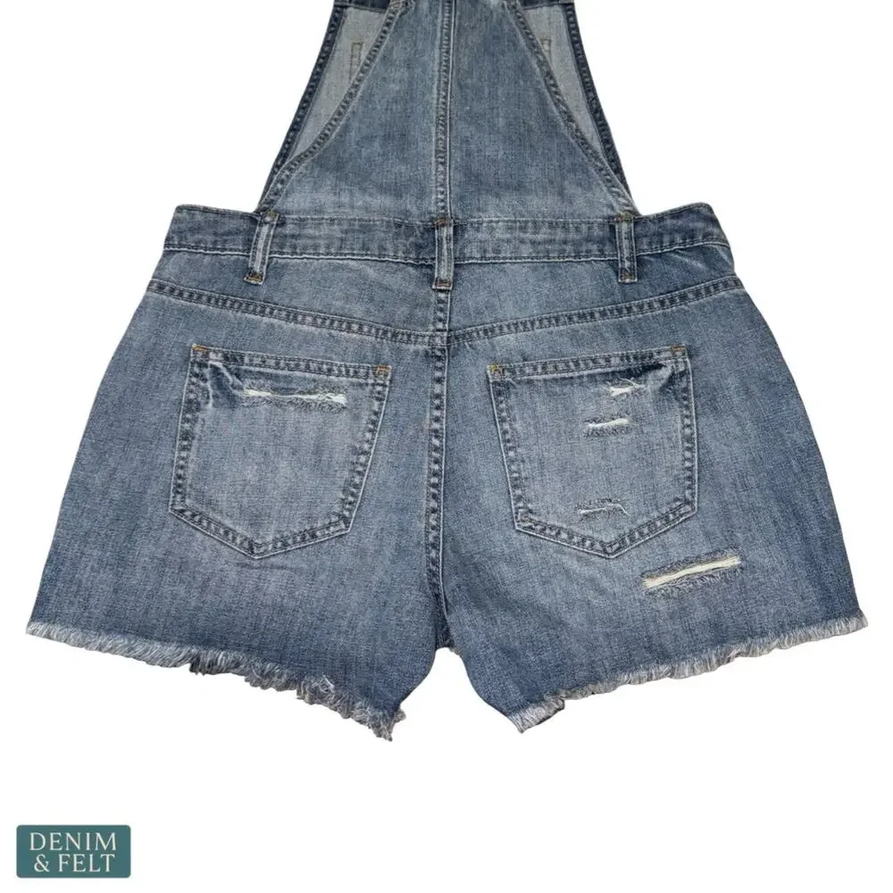 Sneak Peek Denim Short Overalls‎ Distressed Frayed Hem Bib Shorts Blue Casual